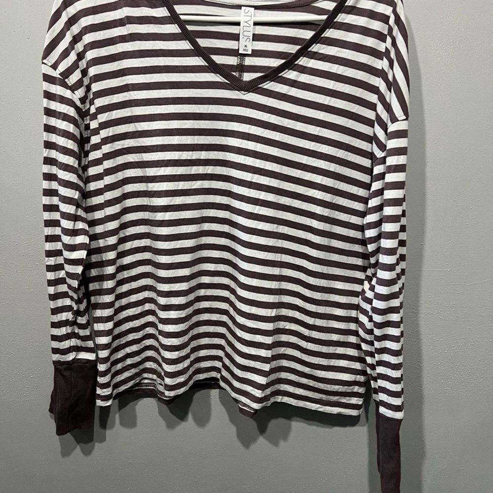 STYLUS Brown and White Striped Long Sleeve Top